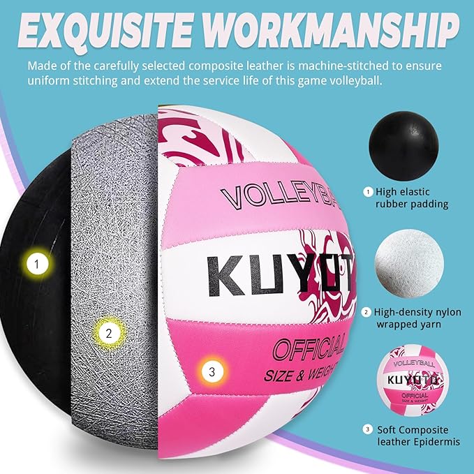 KUYOTQ Official Size 5 in&Outdoor Beach Volleyball,3MM Thickened Surface Soft Leather Youth Womens Mens Volleyball for Game Gym Training(Deflated)