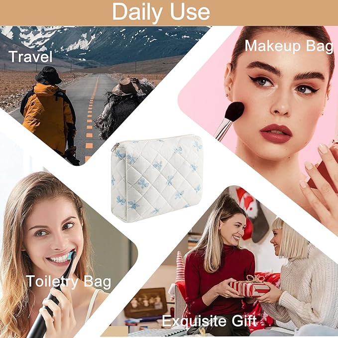 Large Quilted Cotton Makeup Bag Cosmetic Bag for Women, Cute Large Floral Cotton Travel Cosmetic Bag, Zipper Toiletry Bag Makeup Organizer Storage Bag (Blue Bow Tie)