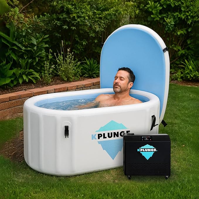 Kodiak 59" 1-Person Inflatable Cold Plunge Ice Bath or Hot Tub with 3/4 HP Chiller and Heater, PVC Insulated Lid, Hand Pump, Repair Kit, 110-Gallon Capacity, Indoor/Outdoor Tub β Gray