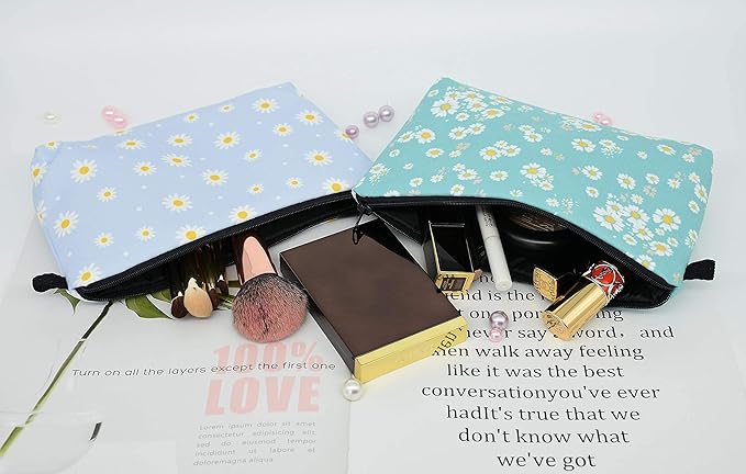 2 Pcs Cosmetic Bag for Women Small Make Up Bag Waterproof Travel Toiletries Pouch with Zipper for Organizing Small Items, Gift Bags for Birthday Christmas(Daisy Flower 2)