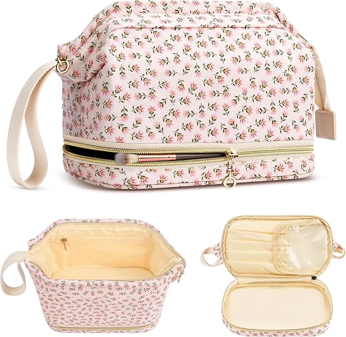 Large Makeup Bag, Quilted Cosmetic Bag, Large Floral Make Up Bag for Women, Cute Floral Skin Care Bag Double Layer Makeup Bags Flower Travel Toiletry Bag - Red Flower