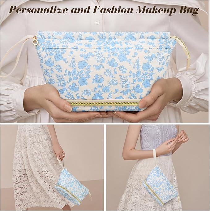 Large Makeup Bag, Quilted Cosmetic Bag, Large Floral Make Up Bag for Women, Cute Floral Skin Care Bag Double Layer Makeup Bags Flower Travel Toiletry Bag - Cherry