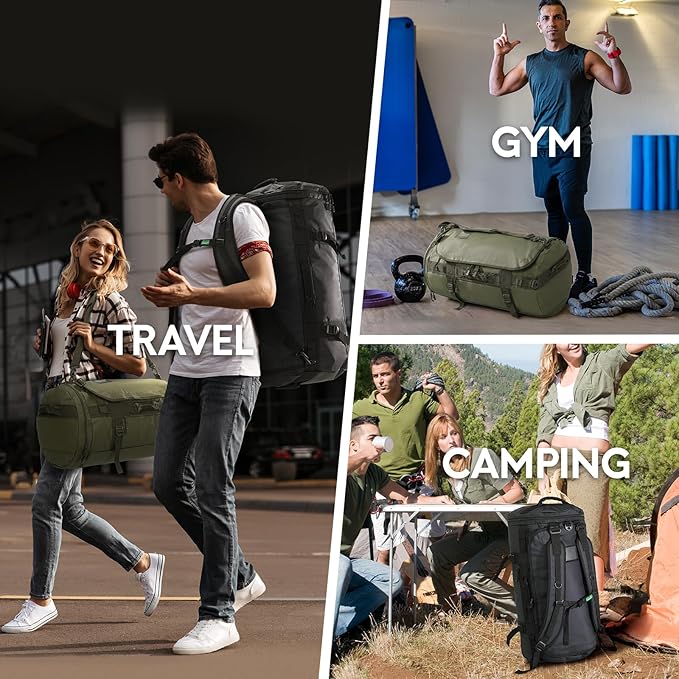 Haimont Large Duffle Backpack Bag for Men Travel, Heavy Duty Duffel Bags with Shoes Compartment for Long Trip, Camping, Water-resistant, 90L, Army Green