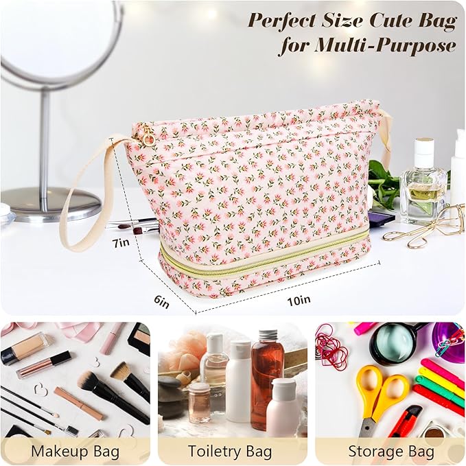 Large Makeup Bag, Quilted Cosmetic Bag, Large Floral Make Up Bag for Women, Cute Floral Skin Care Bag Double Layer Makeup Bags Flower Travel Toiletry Bag - Cherry
