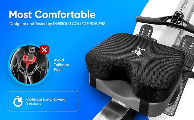 Rowing Machine Seat Cushion (Model 2) for The Concept 2 Rowing Machine with Custom Memory Foam, Washable Cover, and Straps- Concept 2 Rower, Recumbent Stationary Bike, WatterRower Seat Pad