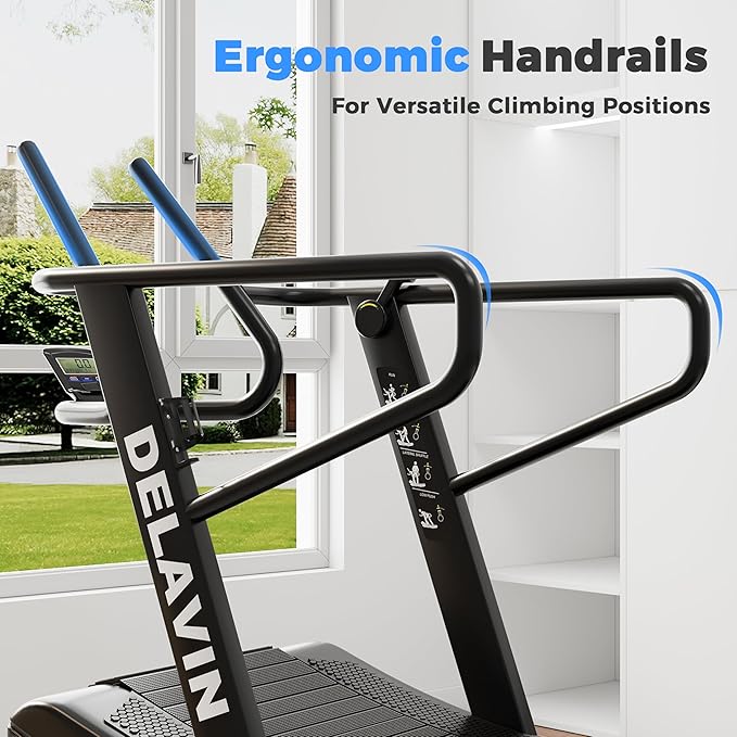 DELAVIN Curved Manual Treadmill, Non Electric Treadmill with 4 Resistance Levels, Motorless Treadmill with Front Digital Display and Handlebar, Wide Belt Treadmill 440LBS Capacity for Home Gym(FBA)