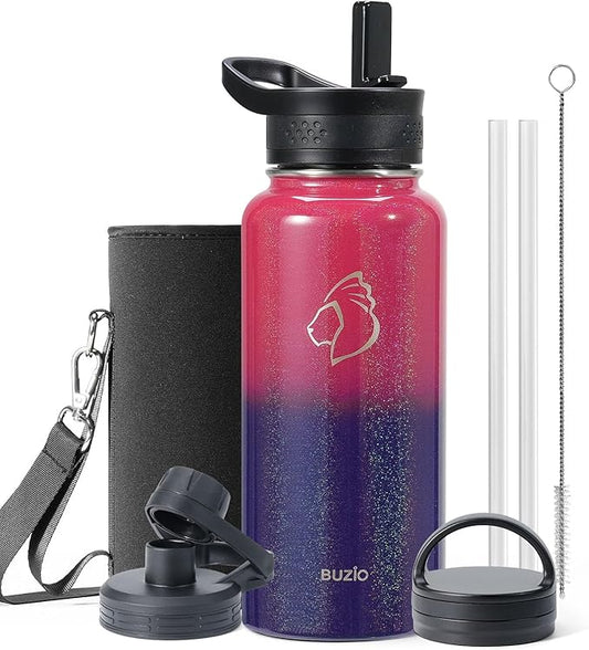 BUZIO 32 oz Water Bottle Insulated with Straw & 3 lid and Carrying Pouch, Leak Proof Anti-Slip Stainless Steel Water Flask Jug, Cold for 48 Hrs Double Vacuum Thermo Canteen, Pearlescent Red Black