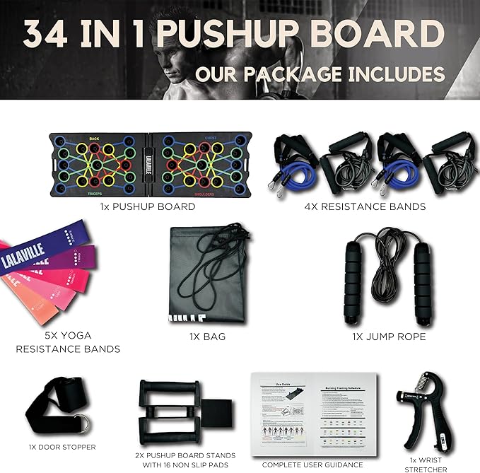 LALAVILLE Push Up Board Fitness 2024 34 in 1 Push 2x Pushup 2x Resistance 1x Jump 1x Wrist 1x Bag, 5x Yoga