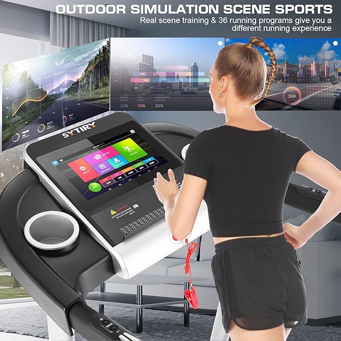 SYTIRY Treadmill with Touch Screen,3.25HP Treadmills for Home with TV and WiFi,Smart Foldable Treadmill with Music,3D Virtual Sports Scene,Popular APP for Social Networking,Walking/Running Machine