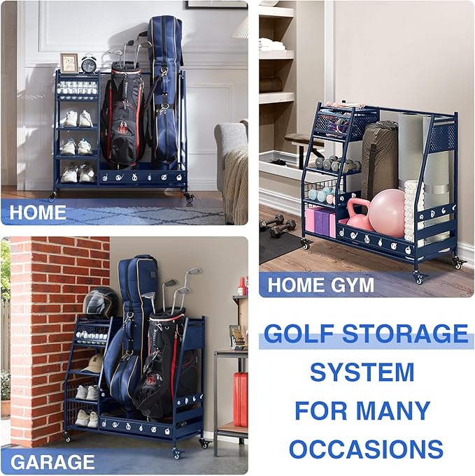 Lauren&Harold Golf Bag Organizer Garage Storage, Golf Storage Rack Stand Fits 2 Golf Bags, Golf Clubs and Other Golfing Equipment Accessories, Golf Organizer for Garage, Club, Shed, Basement