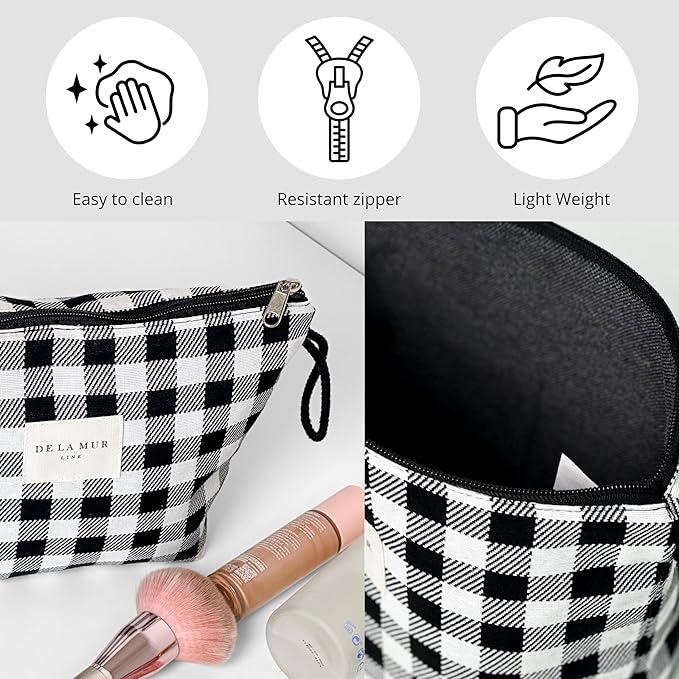 Large Checkered Travel Makeup Bag for Women – Black & White Cosmetic Organizer for Toiletries, Skincare & Beauty – Durable Travel Size Toiletry Pouch – Made in Barcelona, Spain