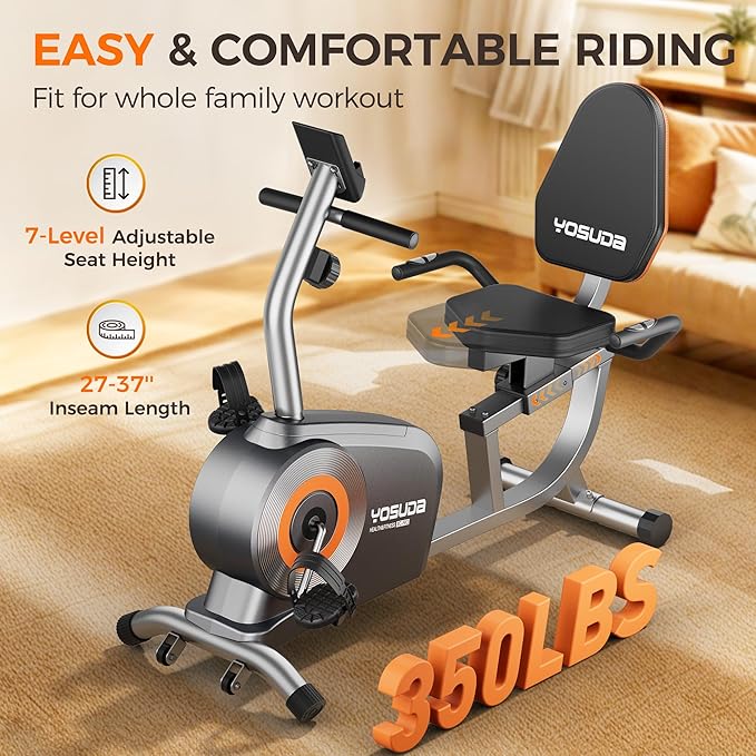 YOSUDA Recumbent Exercise Bike for Home,Magnetic Staionary Bike for Seniors/Adults with Adjustable Seat, 350LB Capacity, 16-level Resistance, LCD Monitor & Pulse Sensors