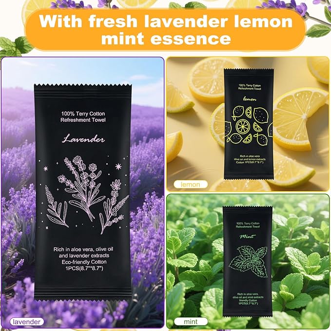 Moist Cotton Towel Bulk Moist Towelettes Individually Wrapped 8.7" x 8.7",White Towel Services,Refreshment Pre Moistened Towels Lavender, Lemon and Mint for Sport Party Spa (pack of 60)