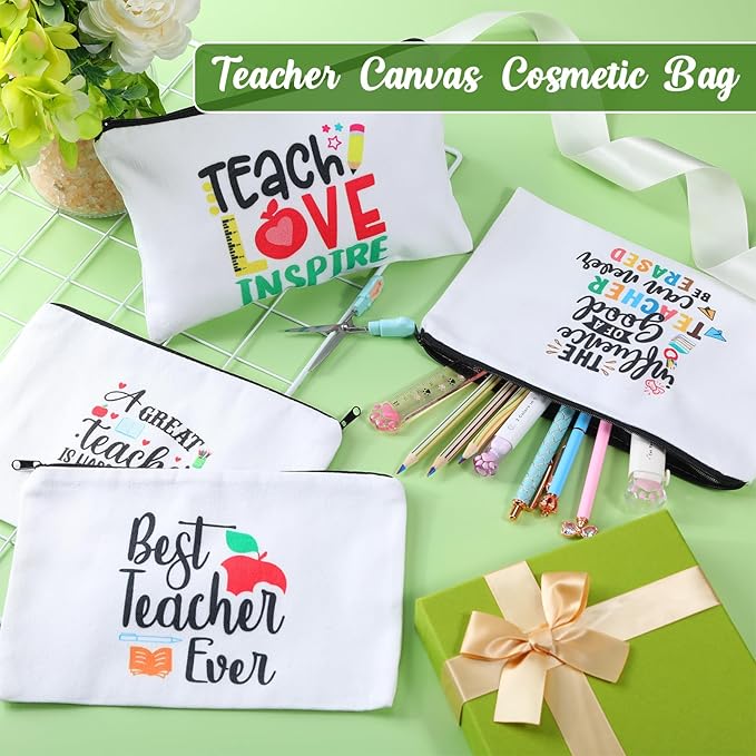 12 Pcs Teacher Gifts Makeup Bags Teacher Appreciation Travel Toiletry Canvas Cosmetic Pencil Survival Kit Bag for Women Zipper Pouch Bag Thank You Gifts Bulk (Warm Words)