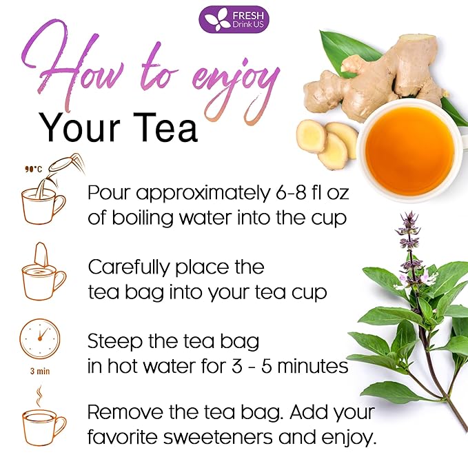 FreshDrinkUS, Premium 35 Ginger Tulsi Tea Bags, 100% Natural, Hand-made Blend of Ginger and Tulsi Holy Basil Leaves, Eco-conscious Tea Bags. Ginger Tulsi Herbal Tea. No Sugar, No Caffeine, Vegan.