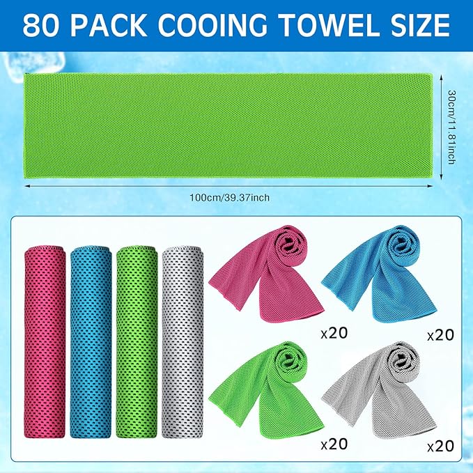 Shellwei 80 Pcs Cooling Towel Bulk 40 x 12 Inch Double Layer Microfiber Chilly Cold Towel for Neck Gym Yoga Running Workout Sports(Rose Red, Light Blue, Green, White)