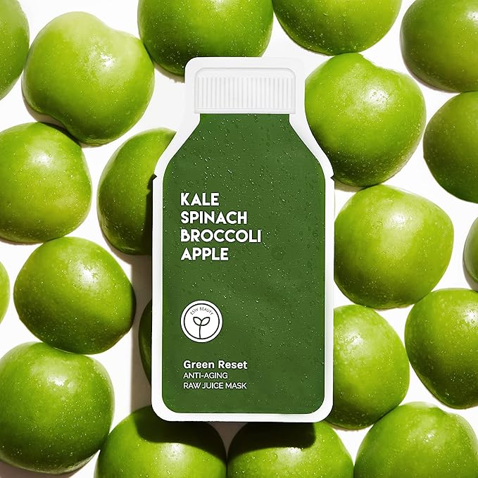 ESW Beauty Green Reset - Anti-Aging Raw Juice Face Mask (6-Pack) - Revitalizing with Kale, Spinach, Broccoli & Apple for Mature Skin - Boosts Collagen & Reduces Wrinkles