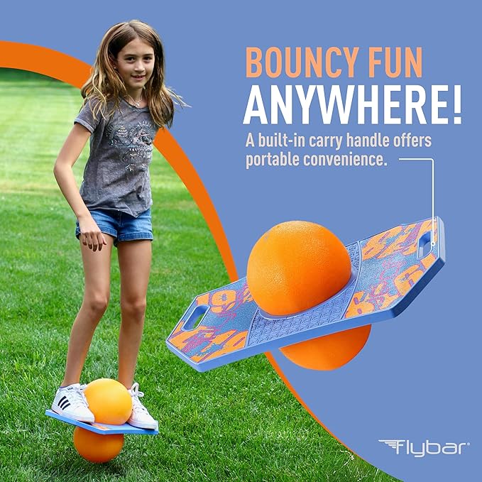 Flybar Pogo Trick Ball for Kids, Bounce Board for Boys and Girls Ages 6+, Up to 160 lbs, Includes Pump, Easy to Carry Handle, Durable Plastic Deck Indoor, Outdoor Toy Pogo Jumper,
