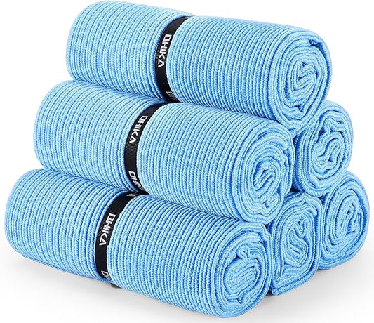 Microfiber Gym Towels with Snap Strap Closure, Ribbed Pattern Sports Towels for Yoga, Home and Outdoor Activities, 27” x 16”, 6 Pack, Light Blue