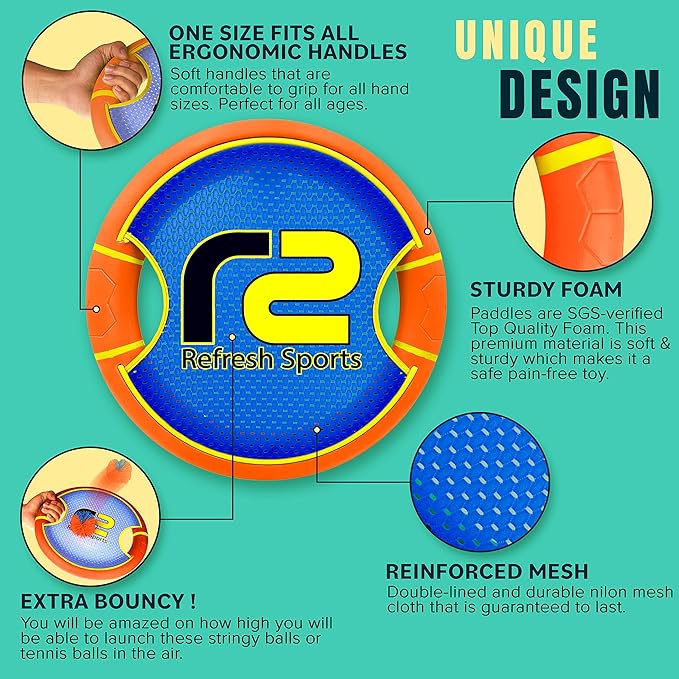 Fun Bouncy Paddle & Stringy Ball Toss & Catch Game - Easy to Use for Kids All Ages - Soft Foam Design for Safe Play Indoors or Outdoors - Also Works as Flying Disc - Great Gift Idea for Boys & Girls