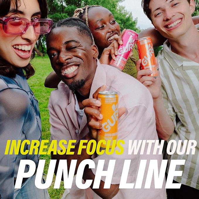 GURU Fruit Punch Organic Energy Drinks, Clean Energy Drink with Plant Based Natural Caffeine from Green Tea + Focus with L Theanine, Gluten Free and Vegan, 140MG Caffeine, 12oz (Pack of 24)