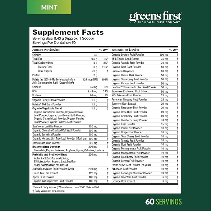 Greens First Original Greens Powder - 49 Superfoods - Organic Fruits & Veggies - Prebiotics, Probiotics & Digestive Enzymes - Antioxidant Smoothie - Dairy Free, Vegan & Non-GMO (Mint, 60 Servings)
