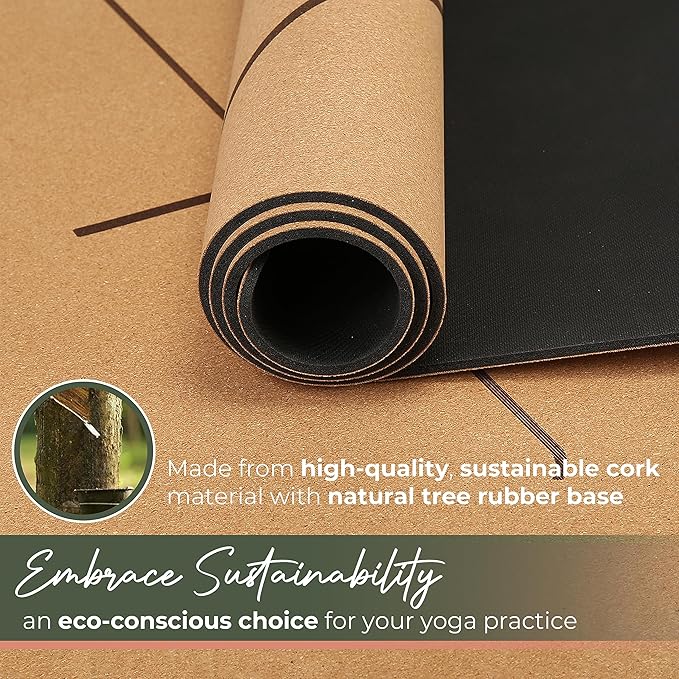 Premium Yoga Cork Mat | 5mm Thick Natural Tree Rubber Base and Bigger Mat for Extra Support, Alignment lines for Guidance | Non-Slip, Natural & Eco-friendly, Your Ultimate Eco-Friendly Yoga Companion