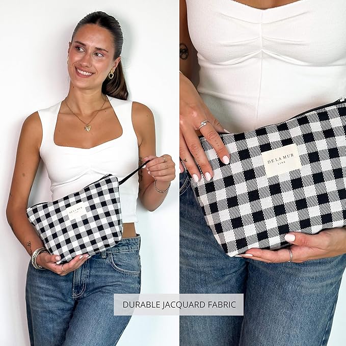 Large Checkered Travel Makeup Bag for Women – Black & White Cosmetic Organizer for Toiletries, Skincare & Beauty – Durable Travel Size Toiletry Pouch – Made in Barcelona, Spain