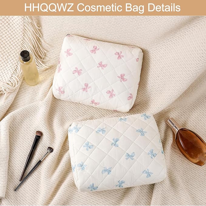 Large Quilted Cotton Makeup Bag Cosmetic Bag for Women, Cute Large Floral Cotton Travel Cosmetic Bag, Zipper Toiletry Bag Makeup Organizer Storage Bag (Pink Bow Tie)