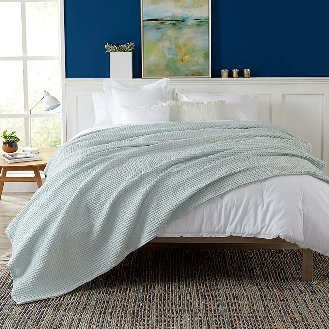 100% Cotton Waffle Weave Bed Blanket | Soft, Breathable, and Lightweight Blanket for All-Season | Perfect for Layering | Brielle Collection (King, ICY Blue)