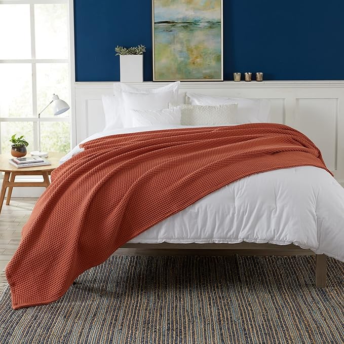 100% Cotton Waffle Weave Bed Blanket | Soft, Breathable, and Lightweight Blanket for All-Season | Perfect for Layering | Brielle Collection (Full/Queen, Burnt Orange)