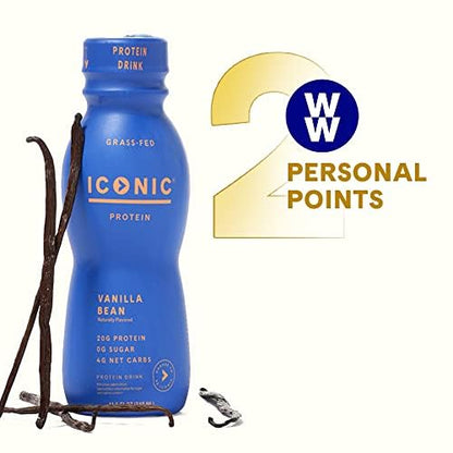 Iconic Protein Drinks, Vanilla Bean (12 Pack) - Sugar Free & Low Carb - 20g Grass Fed Protein - Lactose Free, Gluten Free, Non-GMO, Kosher - Keto Friendly Protein Shakes