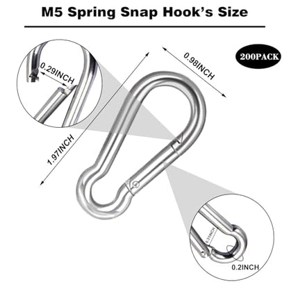 200 PCS 2'' Spring Snap Hook Carabiner, M5 3/16 Inch Galvanized Silver Steel Small Carabiner Clip, 220LBS Holding Capacity Quick Link Clip Keychain for Hammock Dog Leash & Camping Gym