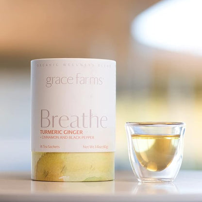 Grace Farms BREATHE Wellness Organic Tea Blend (16 Pyramid Sachets) | Turmeric and Ginger with Adaptogenic Herbs | Immunity Support | Caffeine Free | Gives Back 100% of Profits