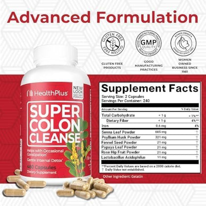 Health Plus Super Colon Cleanse 120 Day Supply of Gentle Gut Cleanse Detox, Psyllium Husk, Probiotics for Constipation Relief & Digestive Support, 480 Capsules