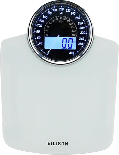 EILISON Highly Advance 2-in-1 Digital & Analog Weighing Scale for Body Weight-400lbs, 4 High Precison GX Sensor Accurate, Thick Tempered Glass, Extra Large Display (White)