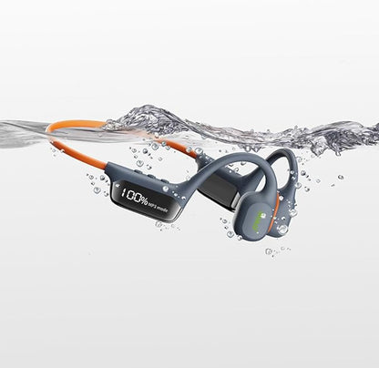 IHAO Swimming Headphones True Bone Conduction Open Ear Headset MP3 Player Built-in 32G Memory IP68 Underwater Waterproof Stereo Bluetooth Earphone for Driving Bicycling Running Skiing-Grey