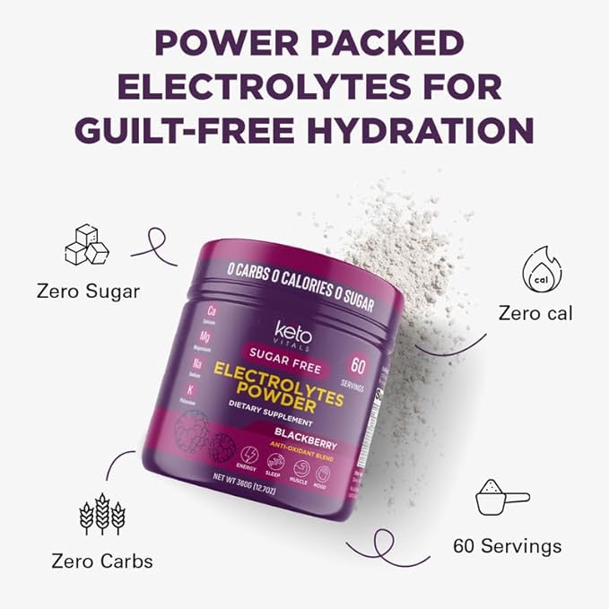 Keto Vitals Antioxidant Electrolytes Powder - Blend Keto Electrolytes with Potassium, Magnesium, Sodium, & Calcium - No Sugar Electrolyte Drink Mix & Hydration Powder, 60 Servings, BlackBerry
