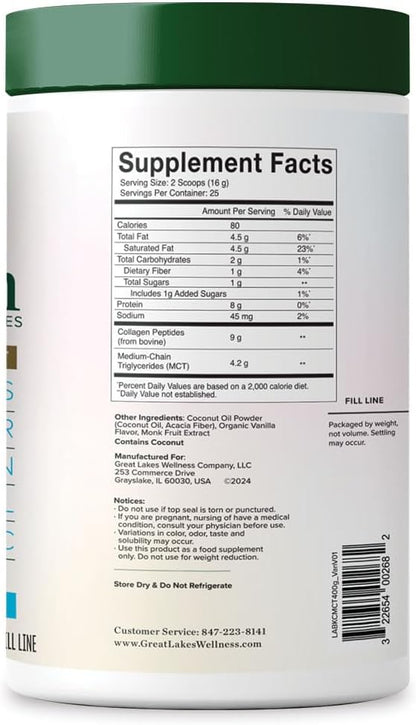 Great Lakes Wellness Keto Boost Advanced Collagen Peptides Powder with 4.2g MCTs - Vanilla Flavored - Nutritiously-Rich Non-Dairy Coffee Creamer or Smoothie Alt - Non-GMO, Kosher - 14.1 oz