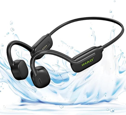 IHAO Swimming Headphones True Bone Conduction Open Ear Headset MP3 Player Built-in 32G Memory IP68 Underwater Waterproof Stereo Bluetooth Earphone for Driving Bicycling Running Skiing-Black