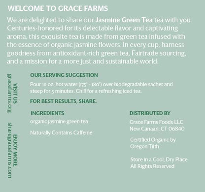 Grace Farms Organic JASMINE Green Tea (16 Pyramid Sachets) | Fragrant and Sweet | Fairtrade and Kosher Certified | Best Green Tea | Gives Back 100% of Profits