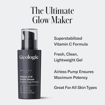 Geologie Vitamin C+E Ferulic Acid Face Serum | Brightening & Firming Anti-Aging Gel Formula | 5% Light-Protected & Stabilized Vitamin C , 0.5% Vitamin E, 1.5% Hyaluronic Acid | 30 ML