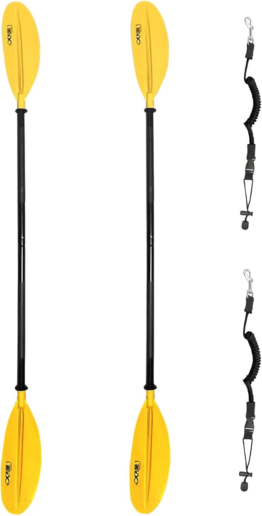 ISURE MARINE 2Pcs Kayak Paddle 85in Kayaking Boating Canoeing Oar Aluminum Shaft Yellow Plastic Blades Adjustable Rowing Paddle with Bungee Paddle Leash for Light Kayaks