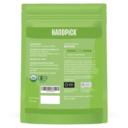 HANDPICK Japanese Organic Matcha Green Tea Powder (100 Servings) - Authentic Premium Second Flush Harvest | Resealable Ziplock Pouch