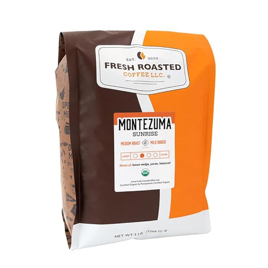 Fresh Roasted Coffee, Organic Montezuma Sunrise| USDA Organic, Kosher | Medium Roast 5 lb (80 oz) Whole Bean