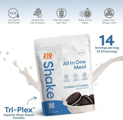 310 Nutrition All-In-One Meal Replacement Shake Powder - Plant-Based Protein Smoothie Blend w/High Fiber, Probiotics & Adaptogens - Low Carb, Vegan, Keto & Paleo Friendly - Cookies N Cream - 14 Srv