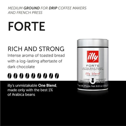Illy Ground Drip Coffee - Forte Extra Bold Roast Coffee - Rich & Strong Flavor - 100% Arabica - Pre-Ground for Drip Pour Over - Pressurized Packaging Sealed for Freshness - 8.8oz (Pack of 6)