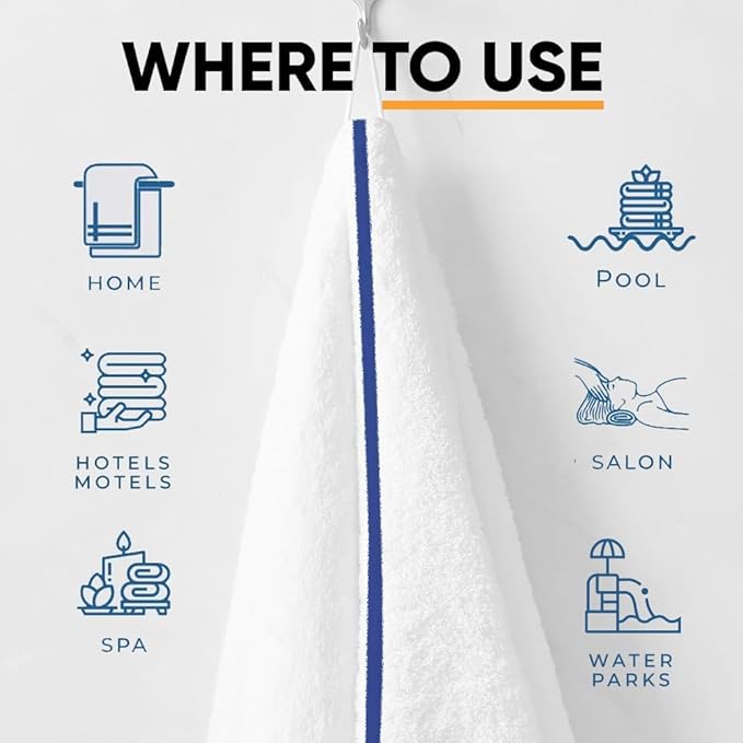 Blue Center Stripe 120 Bulk Towels (22x44) – Economical Soft & Absorbent Bulk Pool Towels for Hotels - Lightweight & Quick Drying White Bath Towels Bulk for Gym & Salon - Durable & Fade Resistant