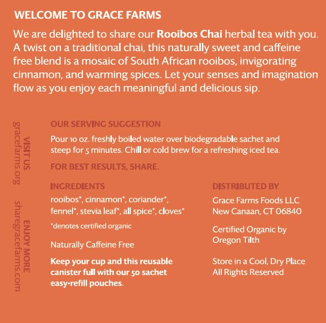 Grace Farms ROOIBOS CHAI Herbal Tea (16 Pyramid Sachets) | Healthy and Caffeine Free | Organic, Fair Trade and Kosher Certified | Gives Back 100% of Profits