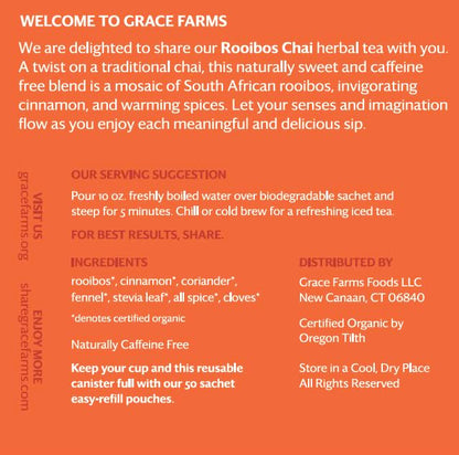 Grace Farms ROOIBOS CHAI Herbal Tea (16 Pyramid Sachets) | Healthy and Caffeine Free | Organic, Fair Trade and Kosher Certified | Gives Back 100% of Profits